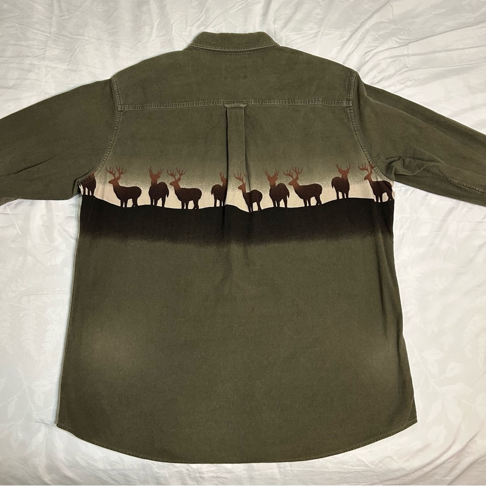 Vtg Woolrich Flannel Shirt Mens XL Olive Green Wrap Around Deer Print Chamois - Picture 3 of 7